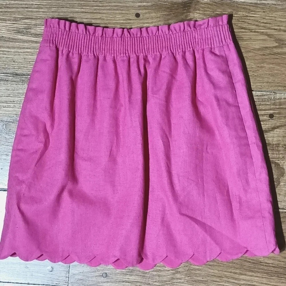 J. Crew Linen Cotten lined pink pull on skirt scalloped hem elastic waist 4 - Picture 2 of 8